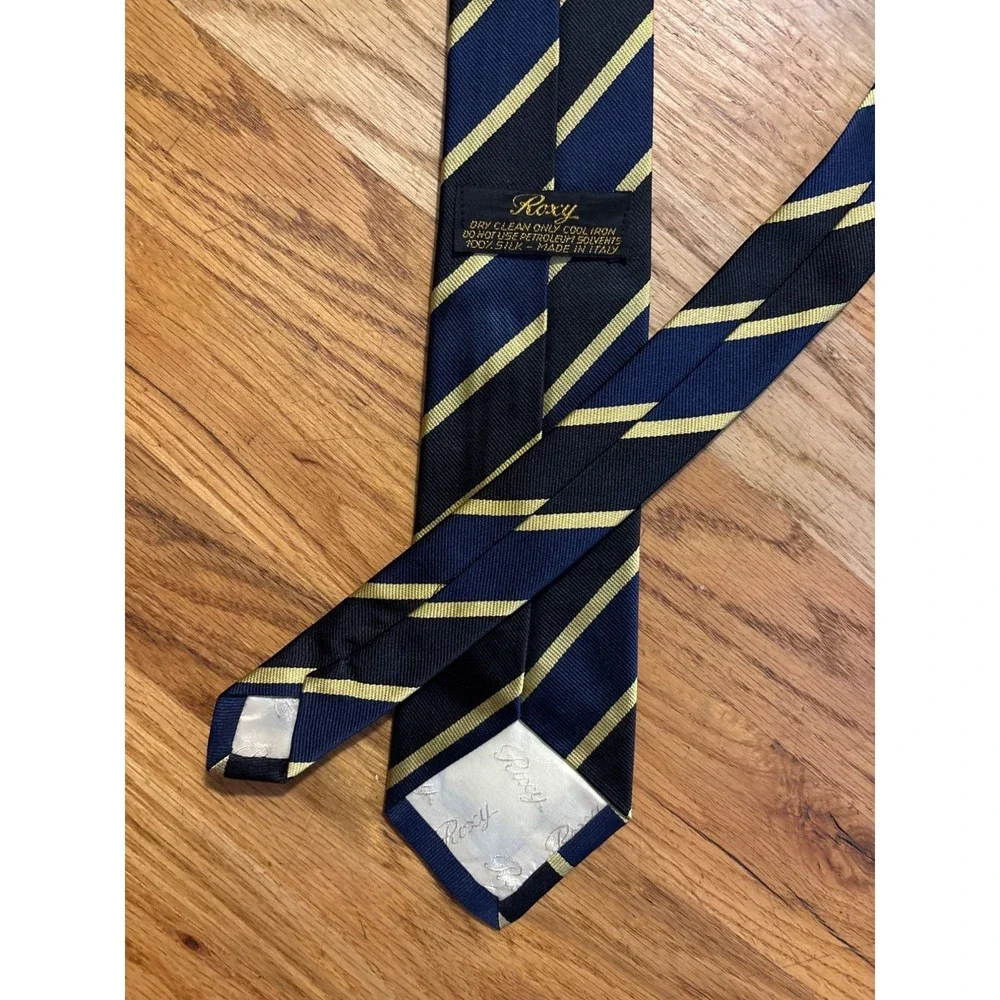 Roxy Necktie Mens OS Navy Gold Striped Excellent Silk Italy Formal Business
